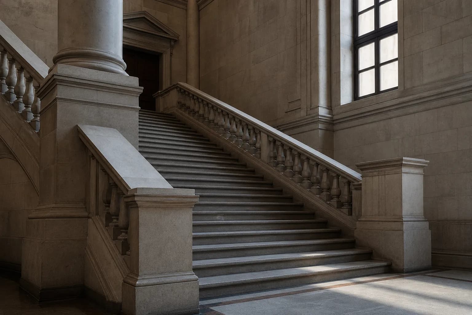 Velelepno stepenište javne upravne zgrade sa kamenom balustradom, hladno svetlo